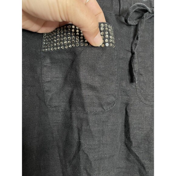 Style co Women's Medium Black Linen Elastic Waist Pants Rhinestone Pockets - Picture 4 of 7